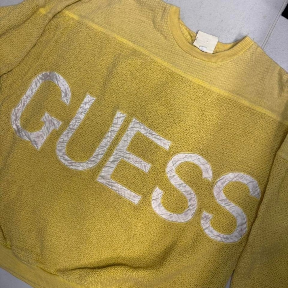 Vintage 90s GUESS by Georges Marciano Sweatshirt – Yellow Textured Logo - Size M